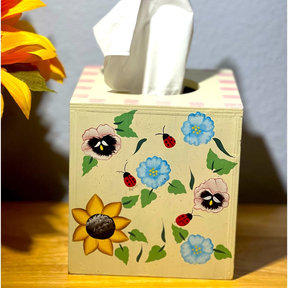 Wooden Tissue Box Cover Painted with Garden theme Assorted Flowers Ladybugs